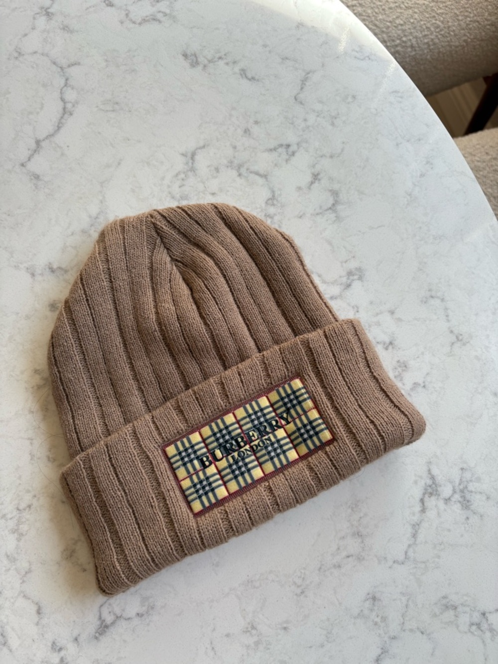 Beige Ribbed Knit Beanie with Check Patch